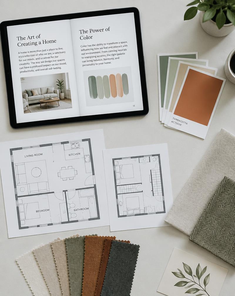 Pages of the ebook with swatches and floor plans